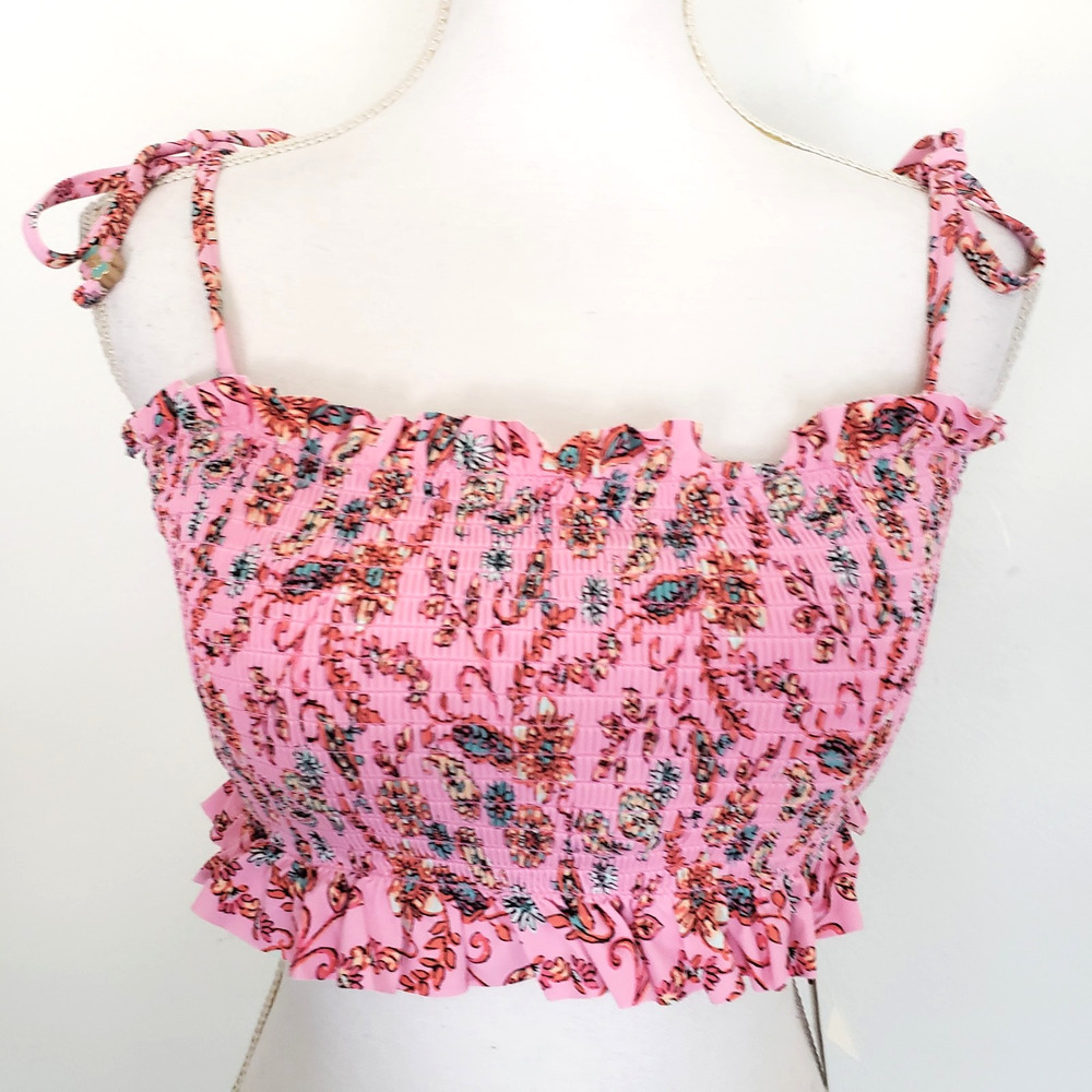 NEW!! Jessica Simpson Women SIZE M Smocked Pink Adjustable Summer Beach Crop Top
